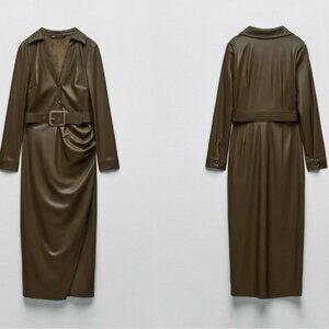 Zara khaki faux leather V-neck belted midi dress lapel collar long sleeve L NWOT